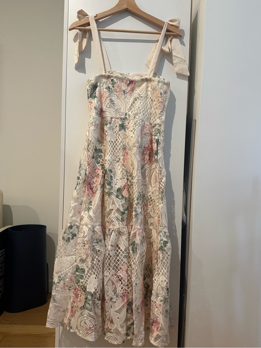 Ivory Floral Lace Midi Dress with Tie Straps - Picture 6 of 7